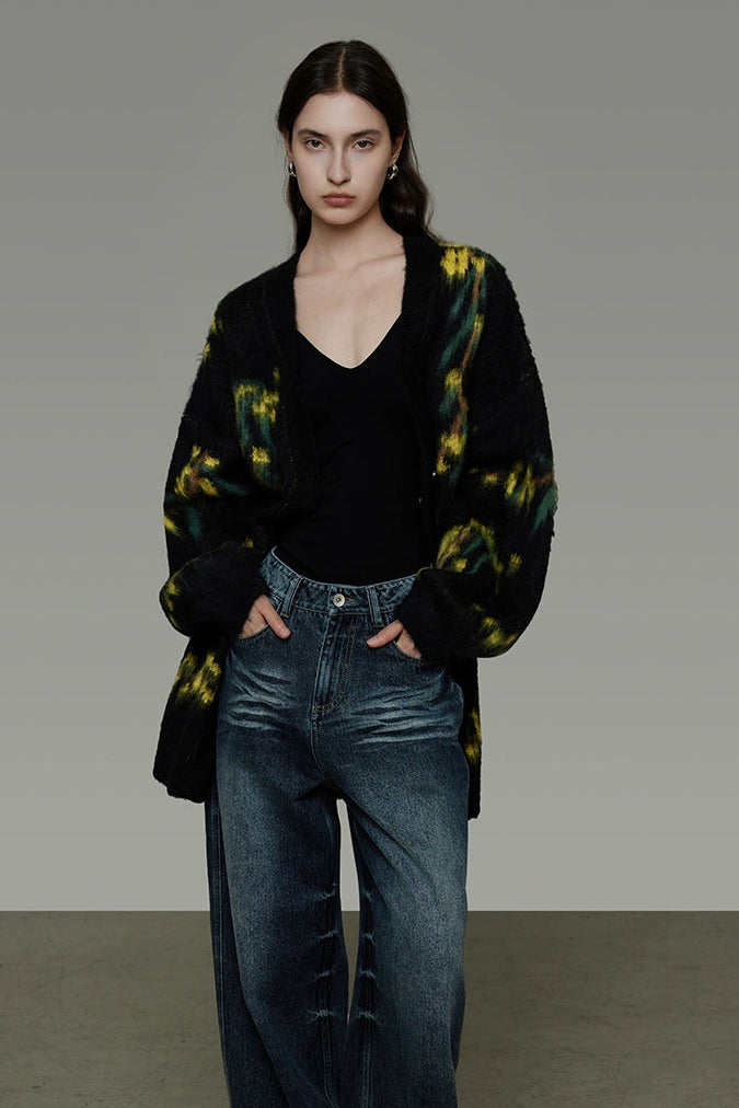 復古寬鬆V領針織開襟衫 B4443