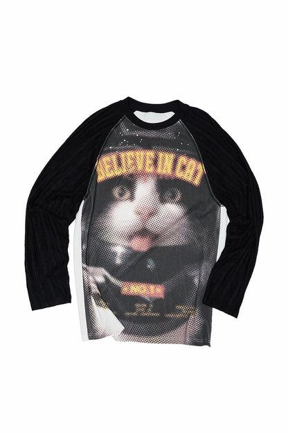 Biker Cat Print Raglan Sleeve T-Shirt B4319