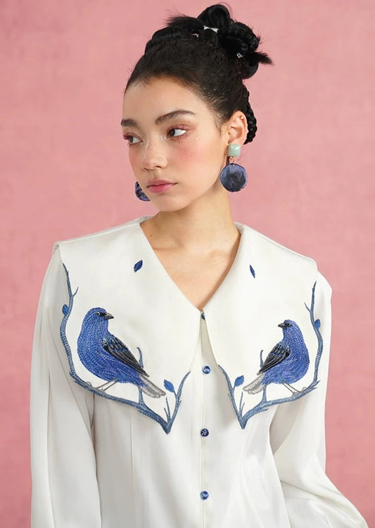Blue feather embroidery blouse B2702