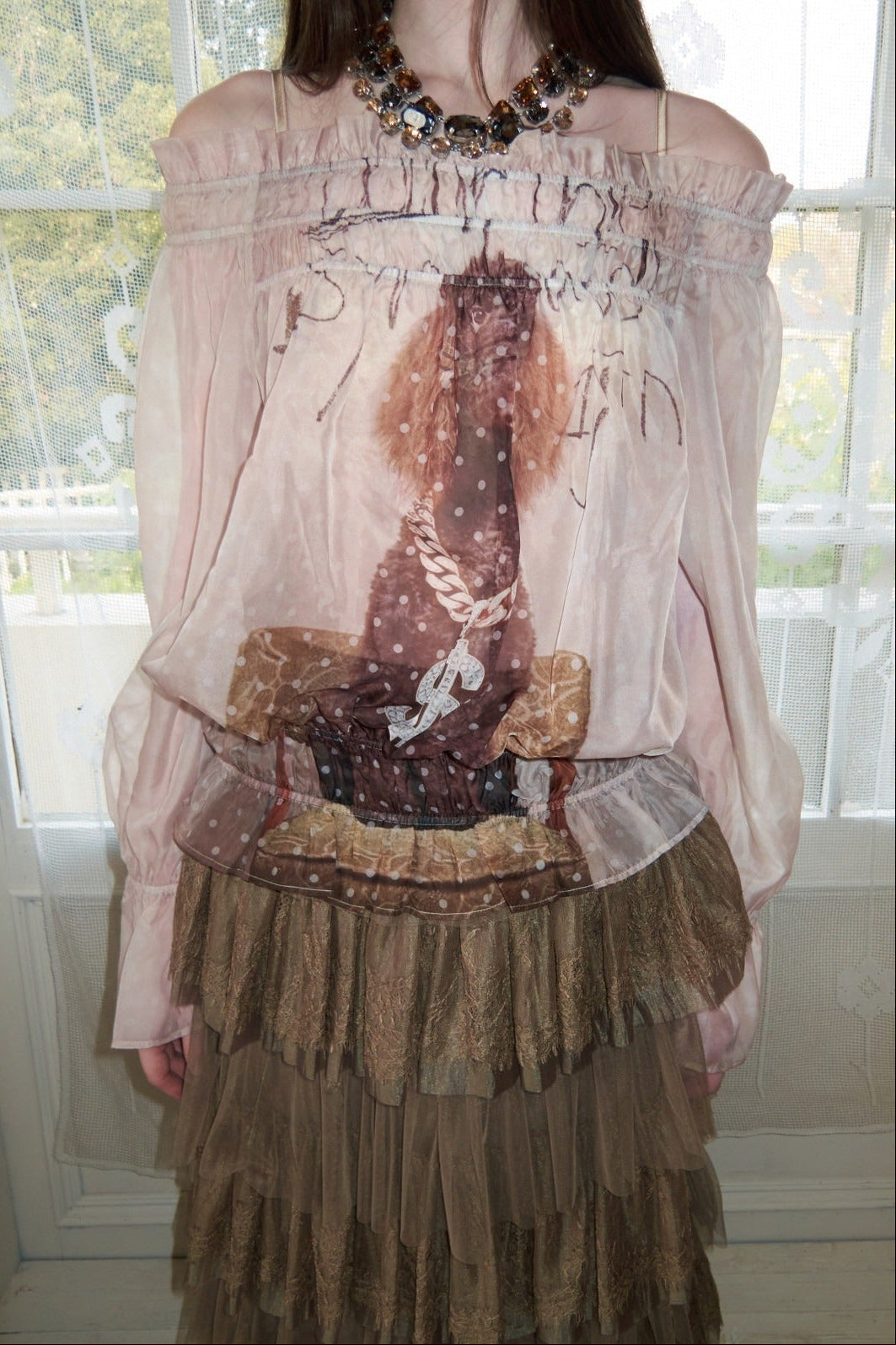 ドッグラブワンショルダーシフォンプリントトップス　B4643