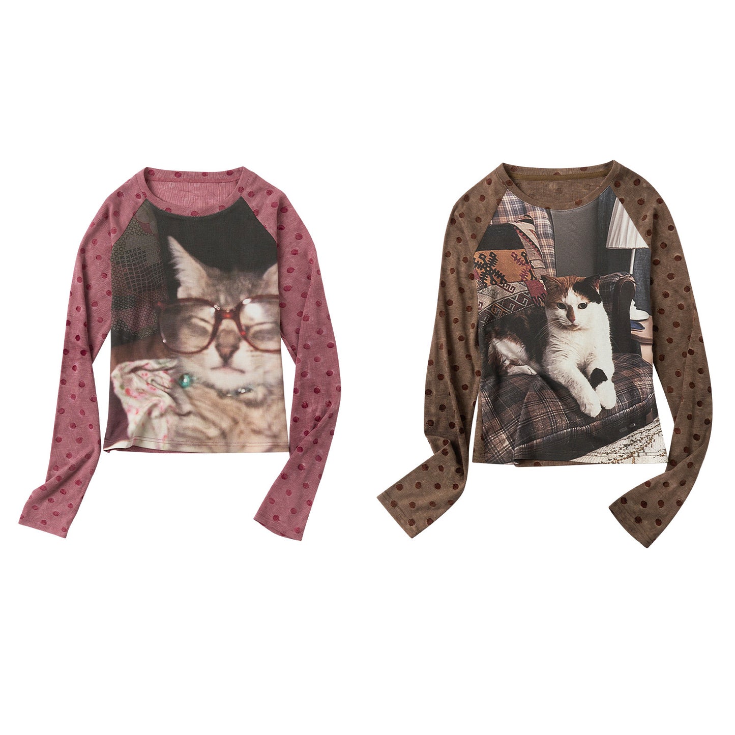 キャットレトロフロック加工ドットTシャツ　B4593