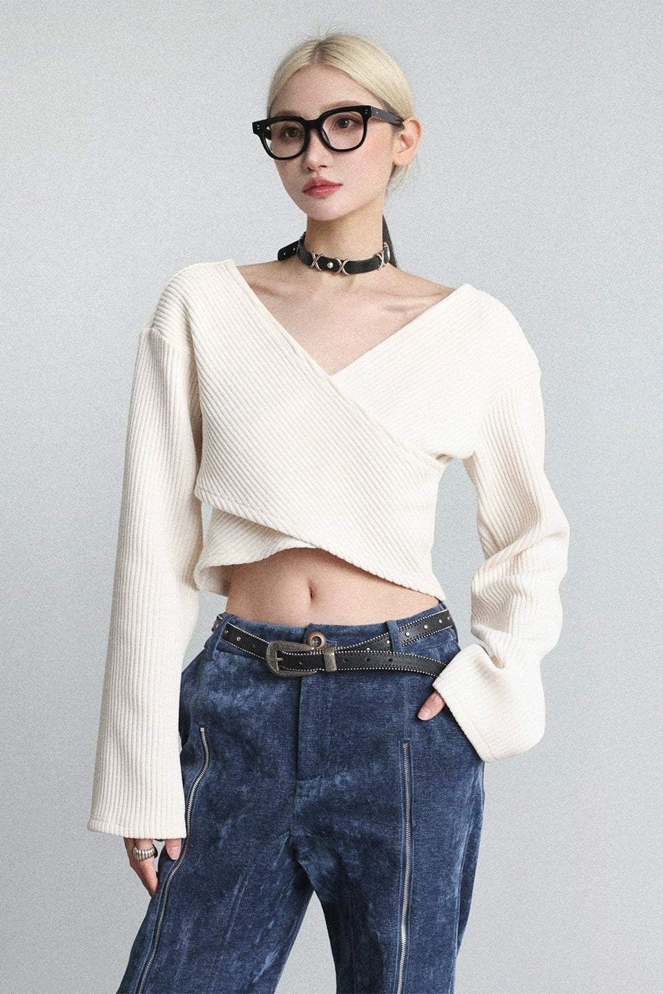 ピットストライプX長袖プルオーバーニットトップス　B4651