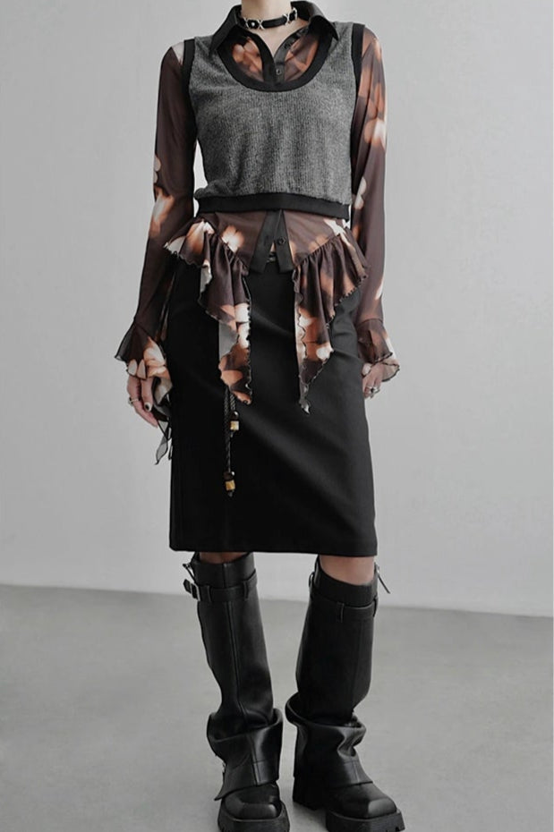 蝴蝶印花腰部荷葉邊襯衫 B4257