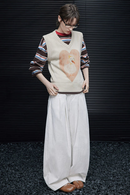 白色燈芯絨寬褲 B4352