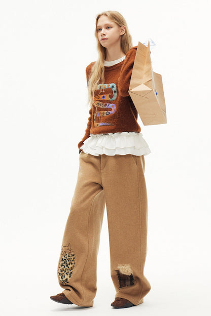 キャットアップリケ刺繡ウール混シミターパンツ　B4590