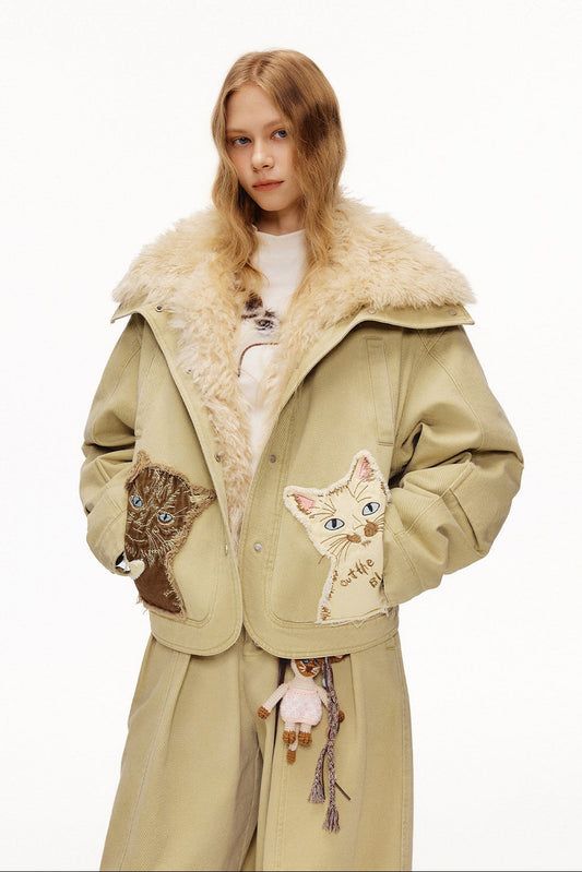 Cat appliqué embroidered washed fur collar down jacket B4587