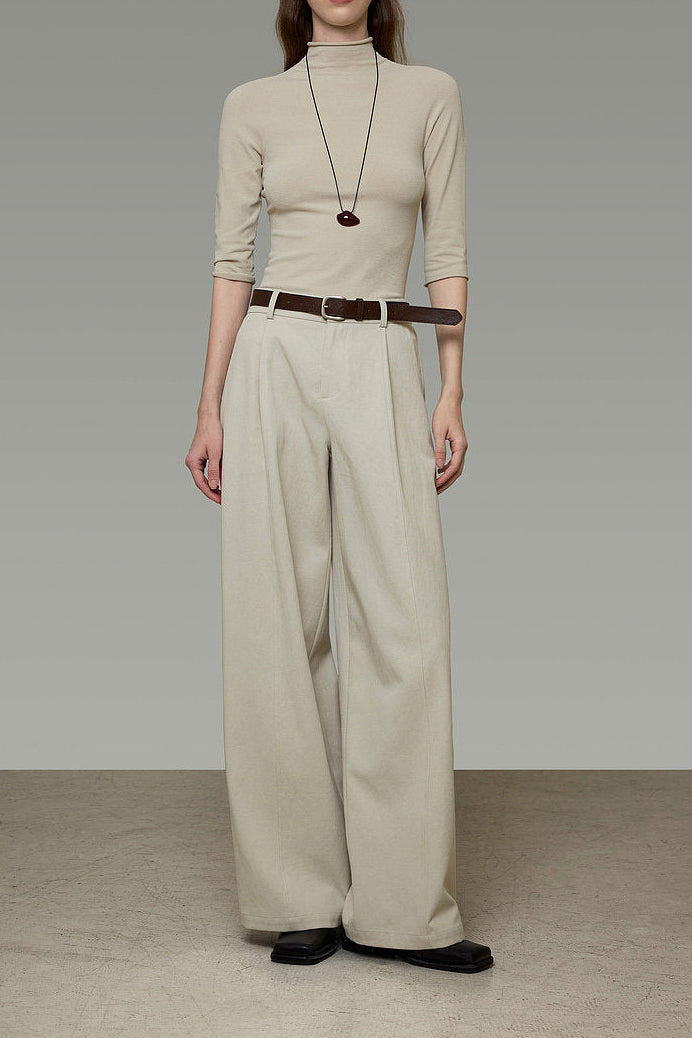 Lyocell Cotton Off-White Pleated Wide-Leg Pants B4912
