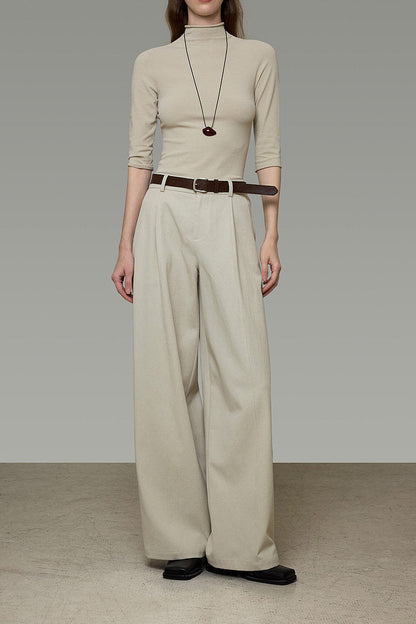 Lyocell Cotton Off-White Pleated Wide-Leg Pants B4912