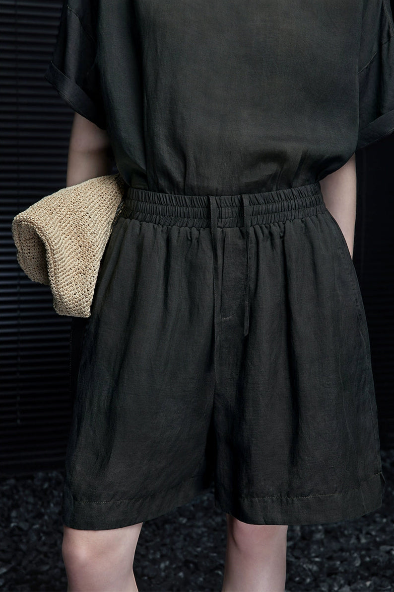 Gray-green linen blend handsome half-length pants B3994