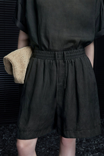 Gray-green linen blend handsome half-length pants B3994