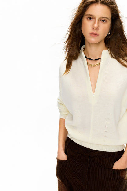 Off-white half-zip stand-collar knit top B5015