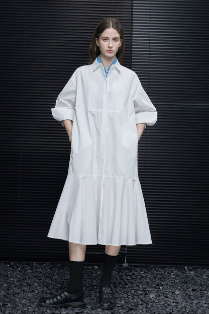 White mid-length polo collar shirt dress B4640