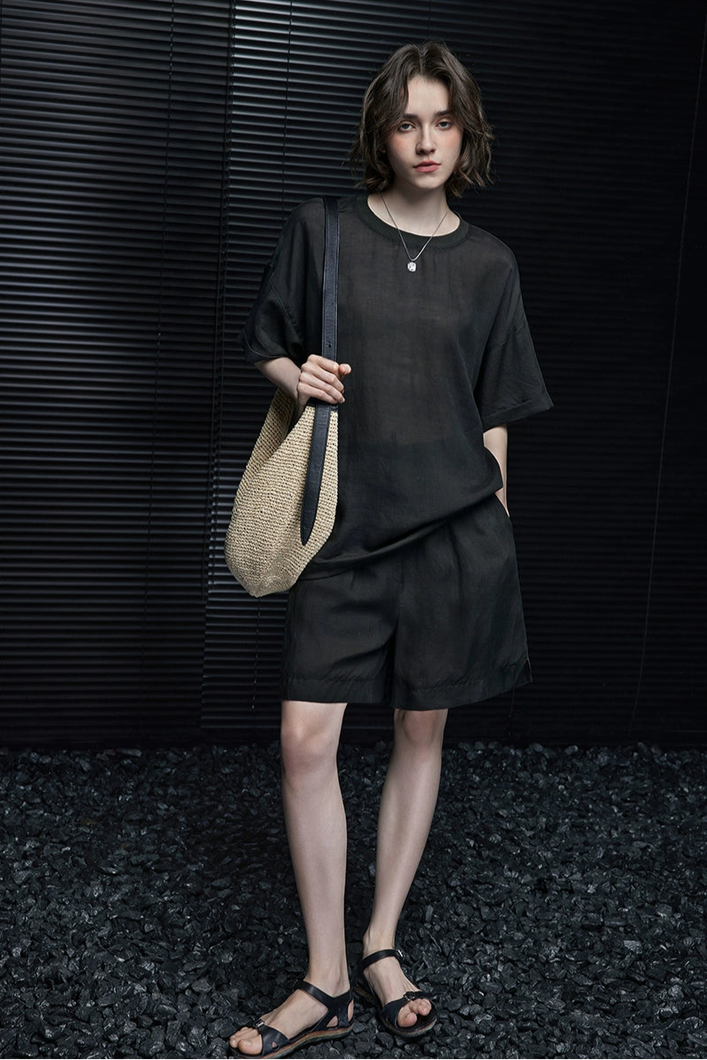 Gray-green linen blend handsome half-length pants B3994