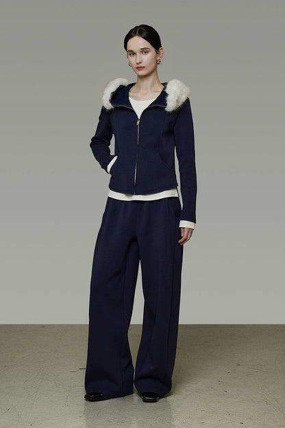 Fur collar fake two-piece top and cropped pants set B4511