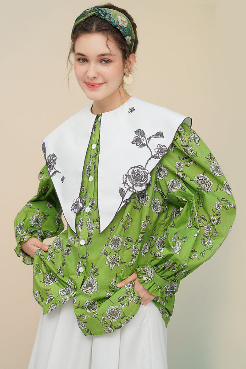 Green rose print large lapel blouse B3758