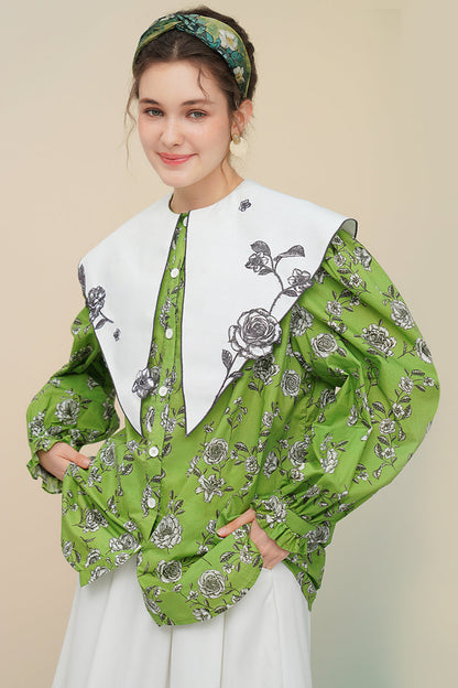 Green rose print large lapel blouse B3758