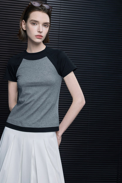 レトロコントラストカラーショートスリムTシャツ　B4694