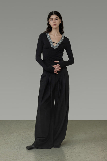 Black Lace-Up Pleated Wide-Leg Pants B4913