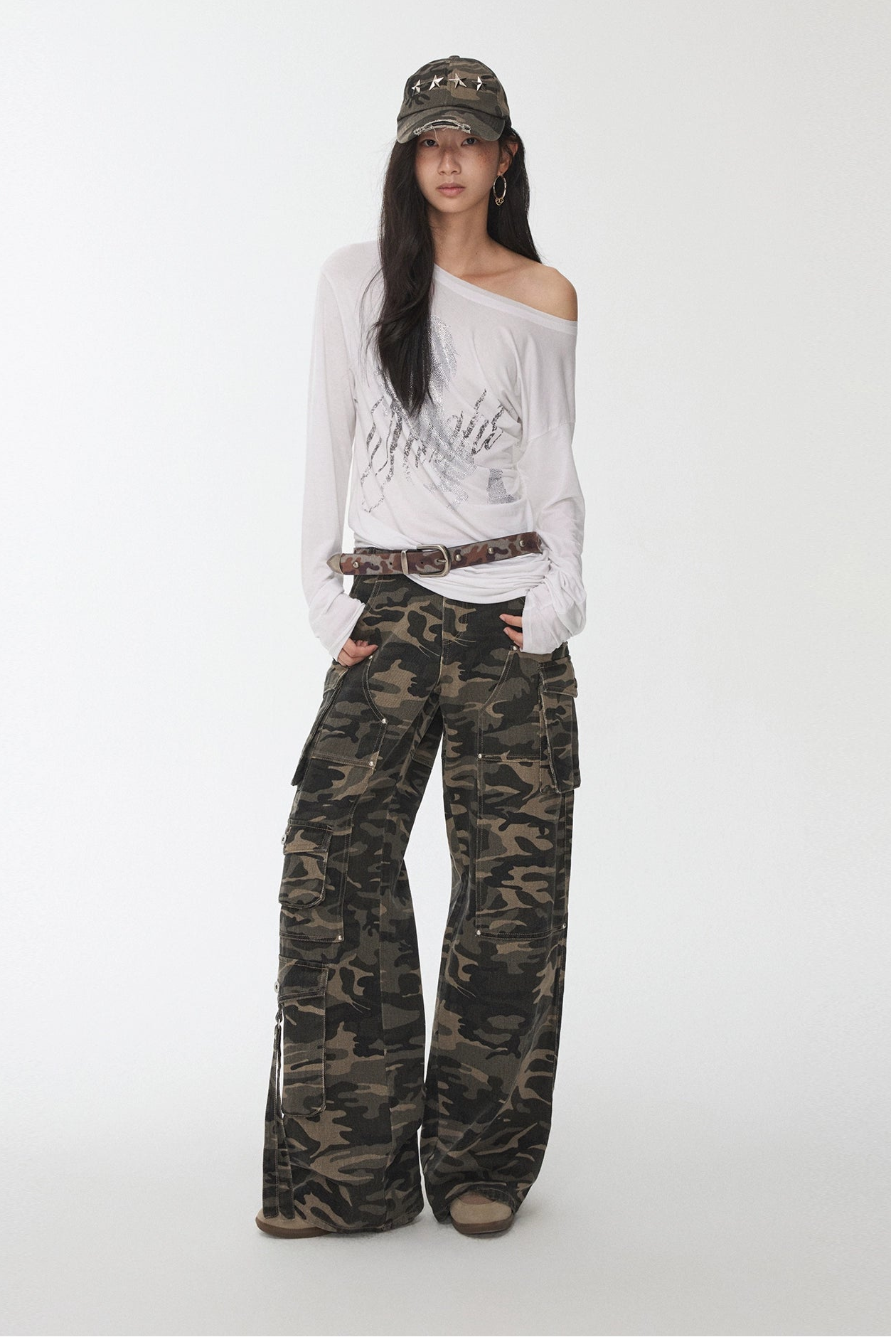 Camouflage Wash Multi-Pocket Cargo Wide Pants B4388