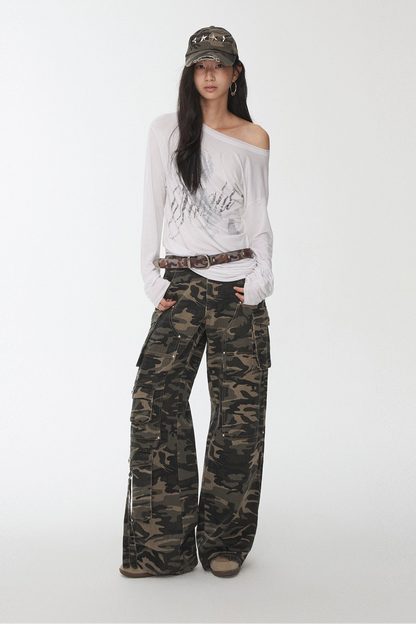 Camouflage Wash Multi-Pocket Cargo Wide Pants B4388