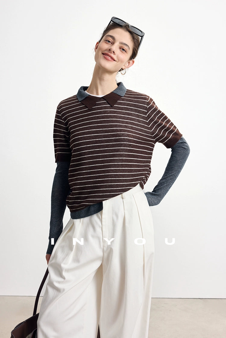 Striped wool blend fake two-piece sweater B4305