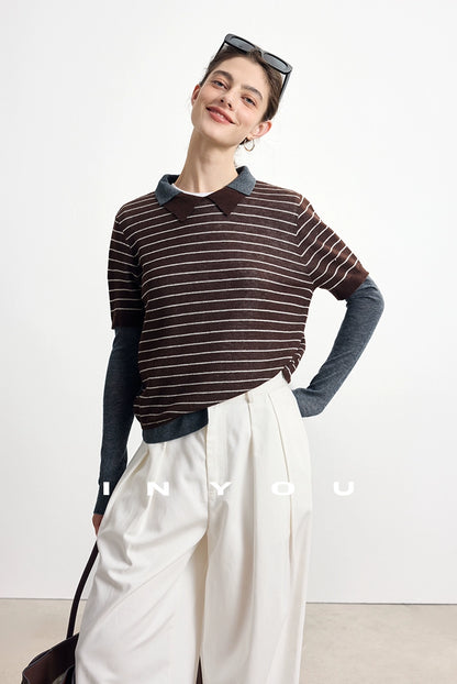 Striped wool blend fake two-piece sweater B4305