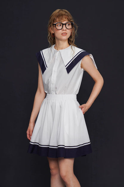 Marine sailor collar sleeveless top, skirt and suit B4155