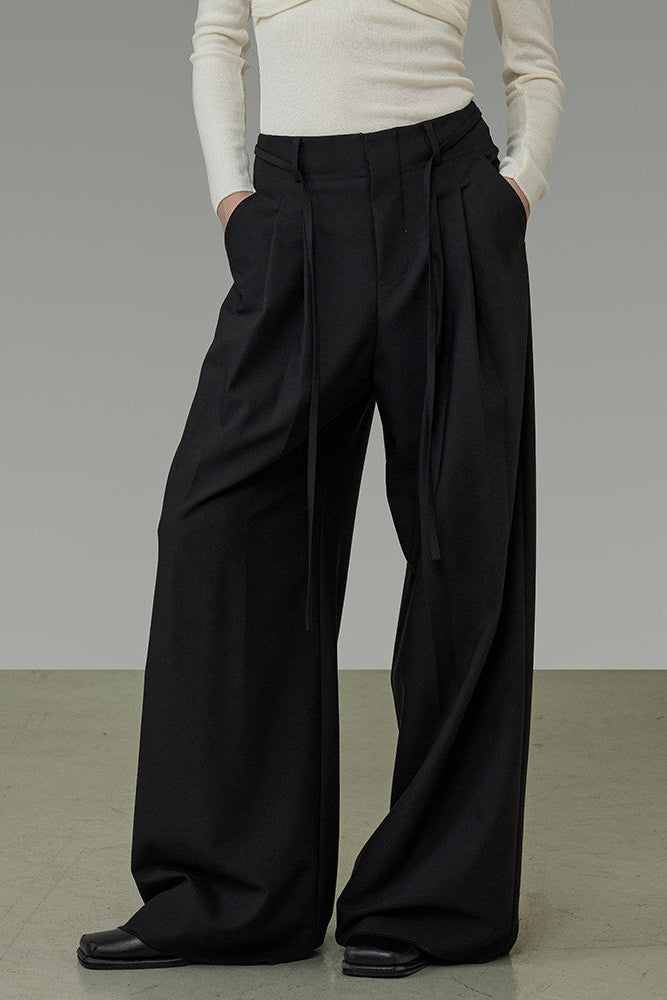 Black Lace-Up Pleated Wide-Leg Pants B4913