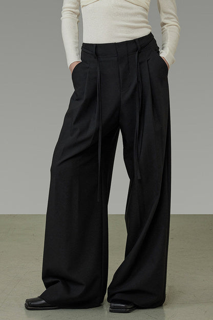 Black Lace-Up Pleated Wide-Leg Pants B4913