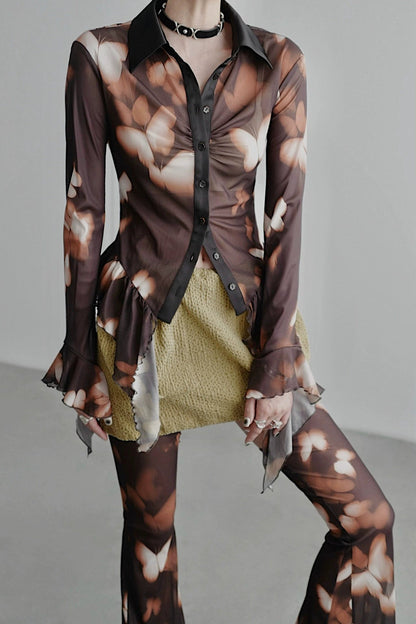 蝴蝶印花腰部荷葉邊襯衫 B4257