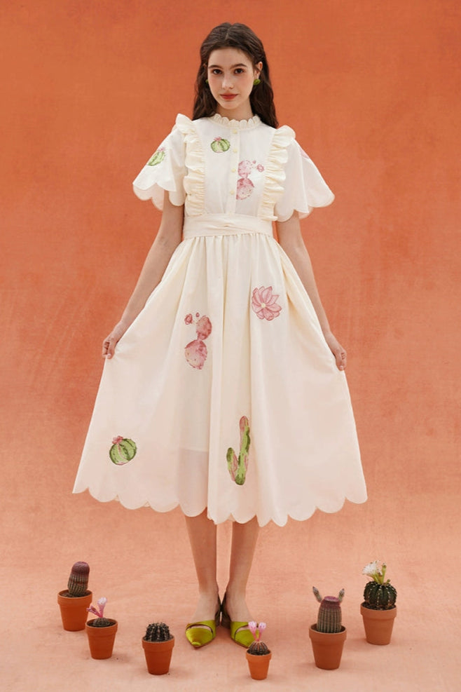 サボテンプリントスカラップフレンチヴィンテージ刺繡ドレス　B3932