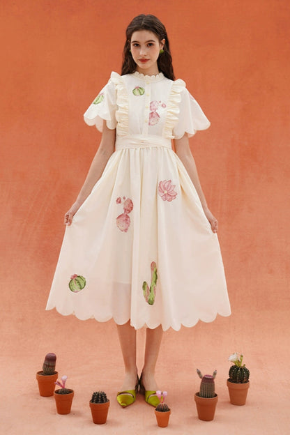 サボテンプリントスカラップフレンチヴィンテージ刺繡ドレス　B3932