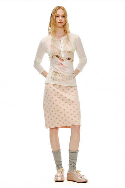 ピーチピンクジャガードドットカーディガン・スカート　B4596