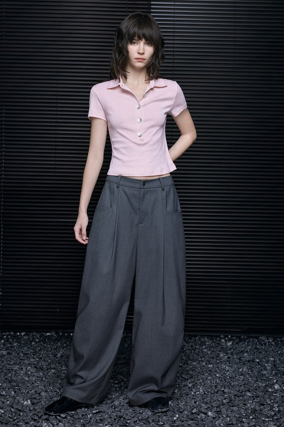 スリムフィットポロネックストレッチTシャツ　B4677