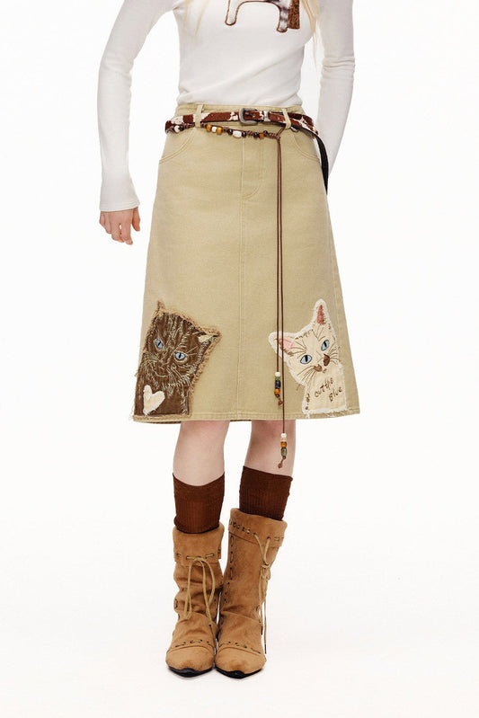 貓咪貼花刺繡水洗A字裙 B4588