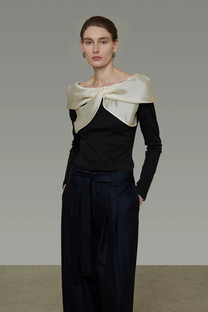 Satin patchwork off-shoulder knit top B4438