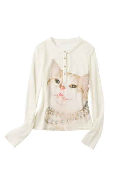 キャットプリントテンセルウールヘンリーネックTシャツ　B4595
