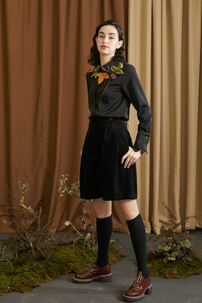 葉子和漿果刺繡領襯衫 B4459