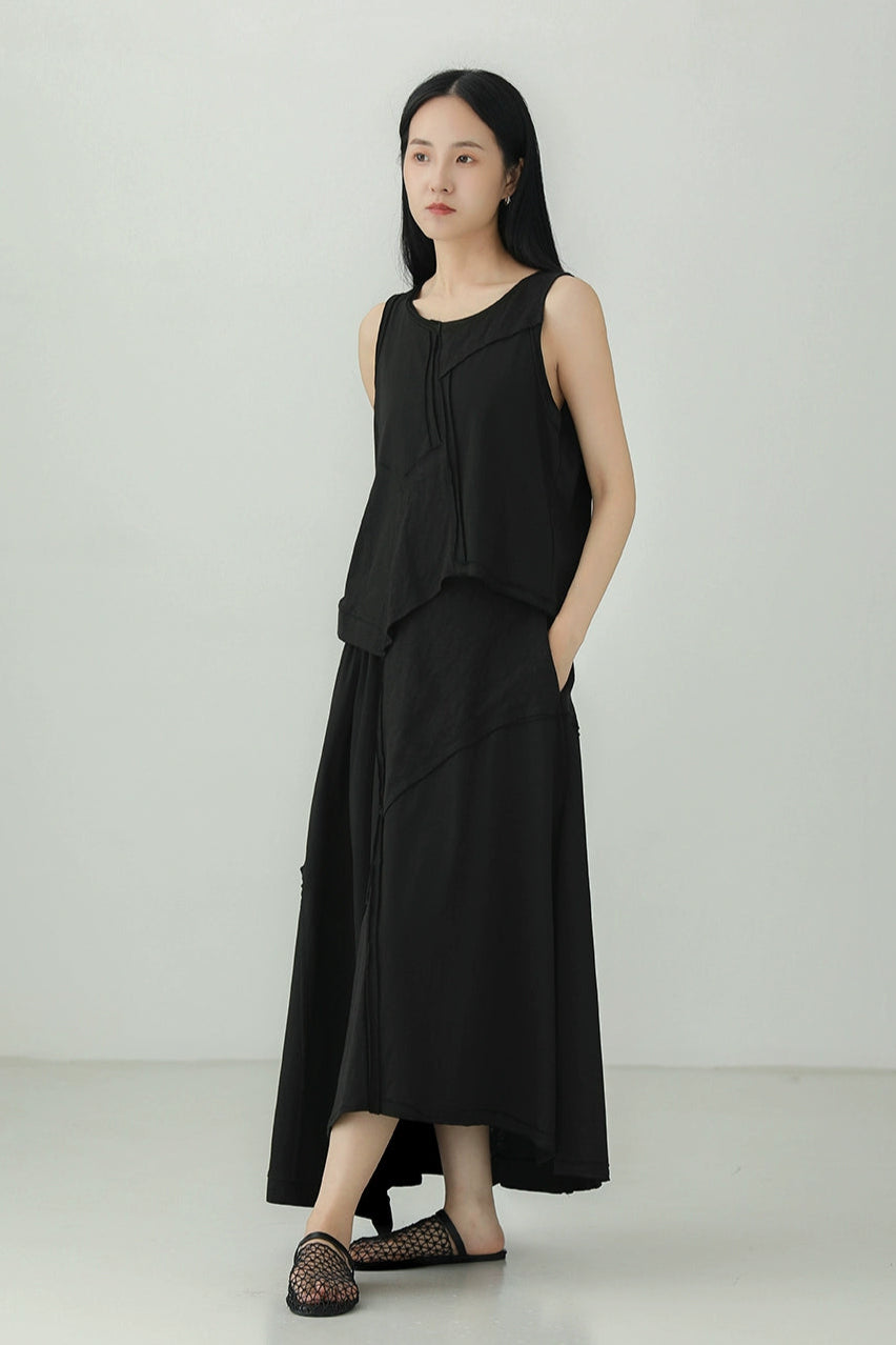 Black cotton irregular patchwork skirt B4134