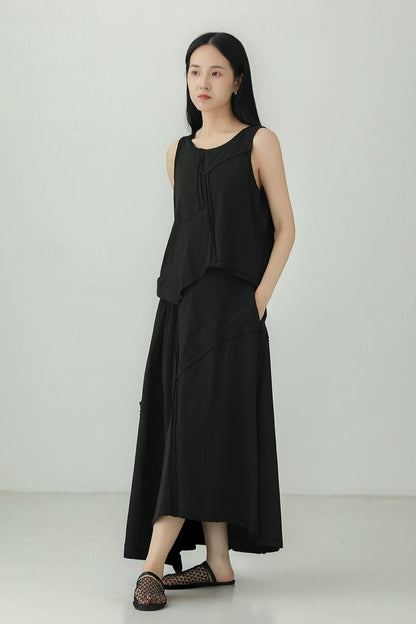 Black cotton irregular patchwork skirt B4134