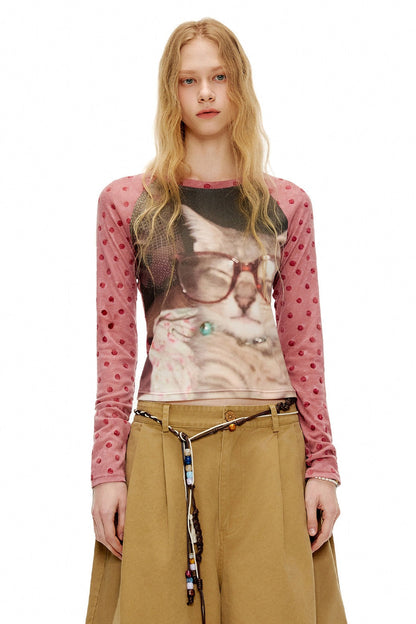 キャットレトロフロック加工ドットTシャツ　B4593