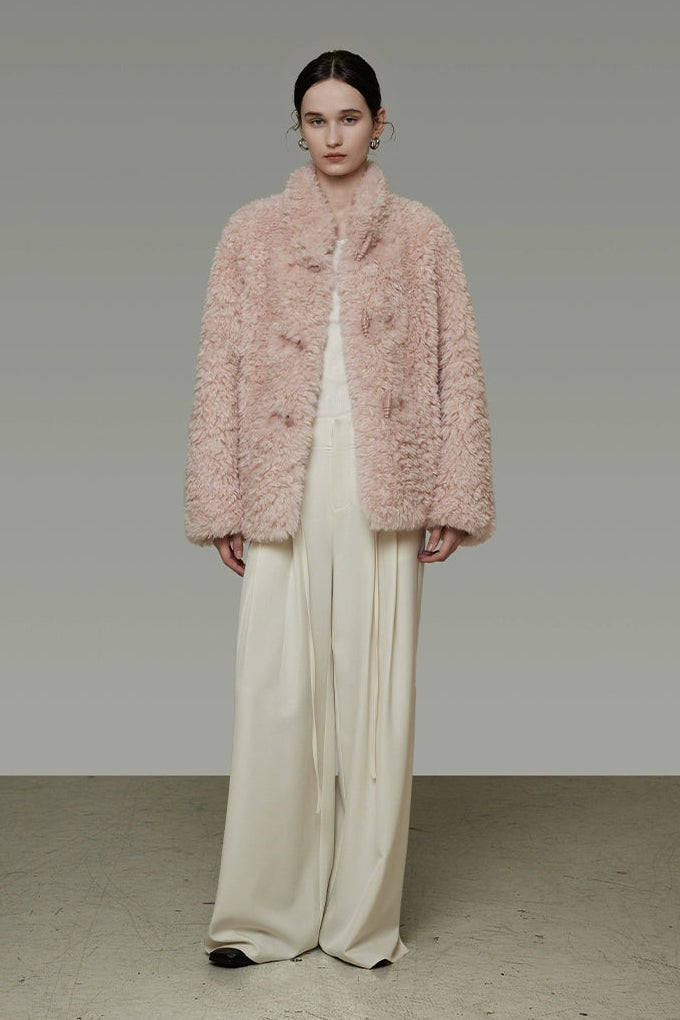 仿羊羔毛寬鬆立領大衣 B4507