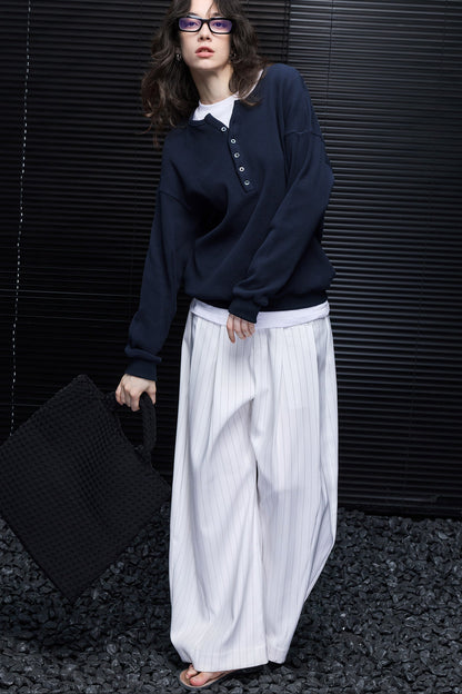 White Stripe High-Waisted Wide-Leg Pants B4952