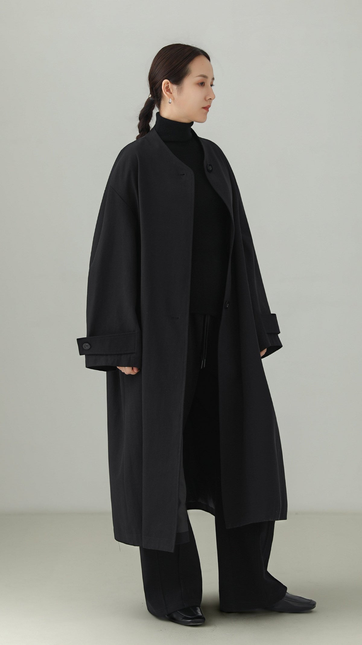 Tencel Cotton No-Collar Long Coat B5009