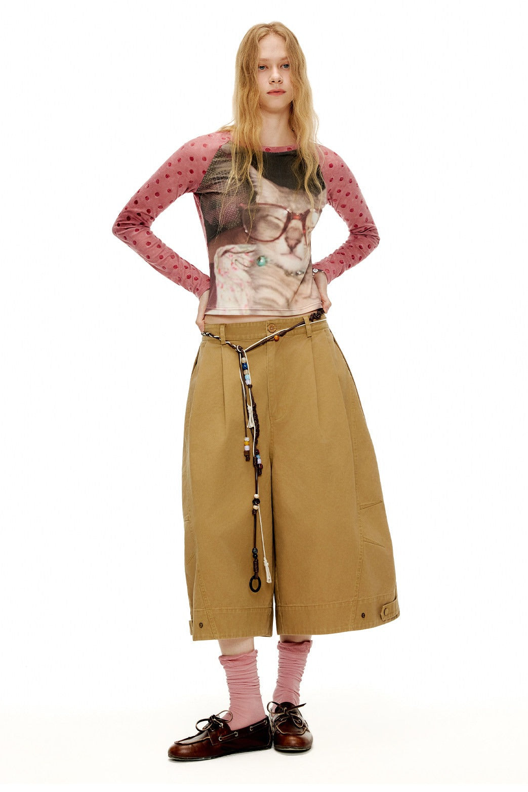 キャットレトロフロック加工ドットTシャツ　B4593