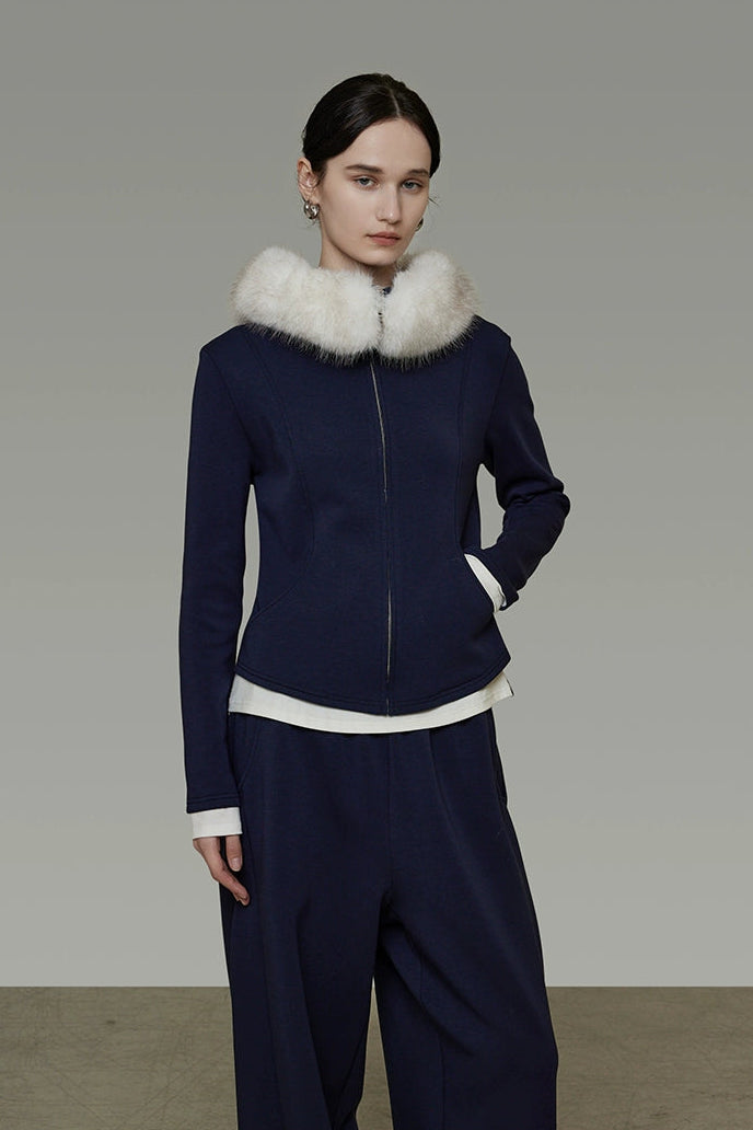 Fur collar fake two-piece top and cropped pants set B4511