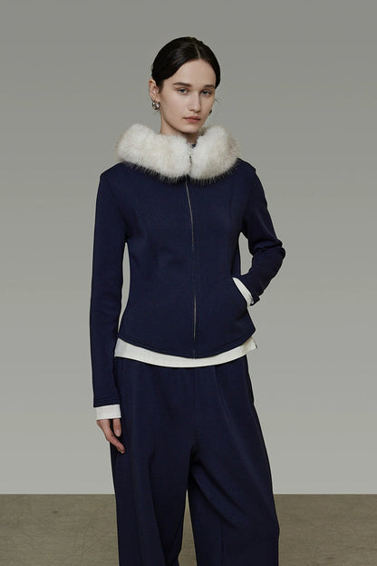 Fur collar fake two-piece top and cropped pants set B4511