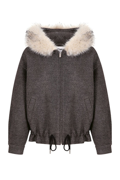 人造毛皮連帽羊毛混紡圈圈保暖外套 B4399