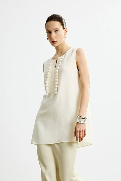 流蘇刺繡法式無袖上衣 B4139
