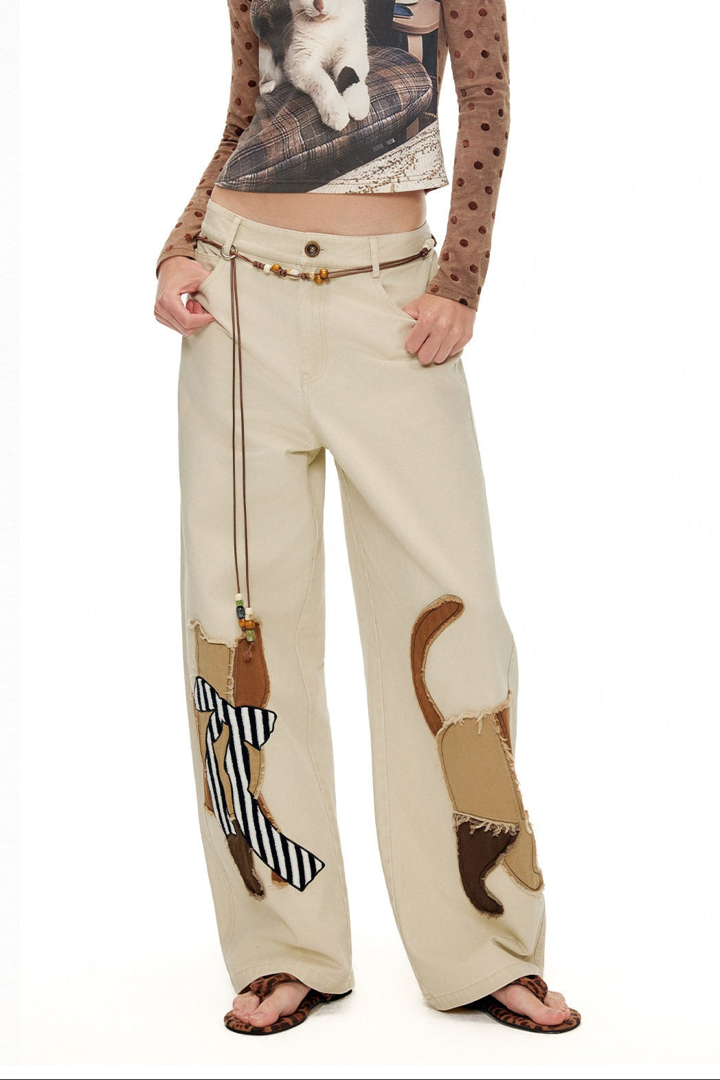 キャットアップリケ刺繡ウオッシュドシミターパンツ　B4592